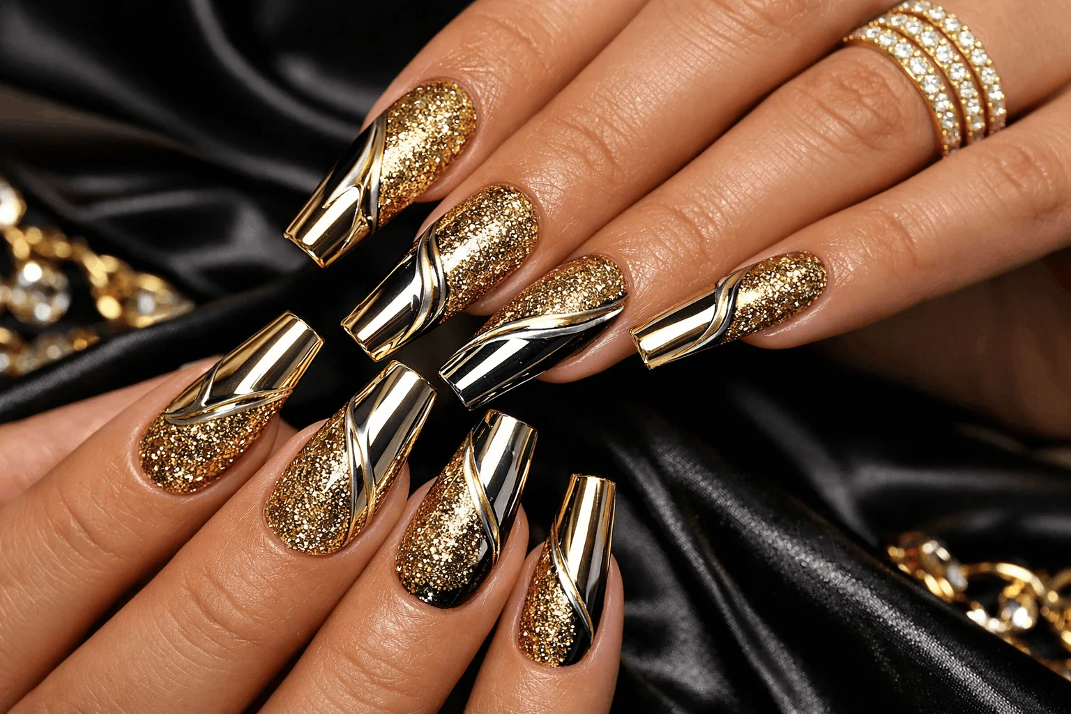 19 Gold Nail Designs That Elevate Your Style 9 Gold coffin nails with bold glamorous design