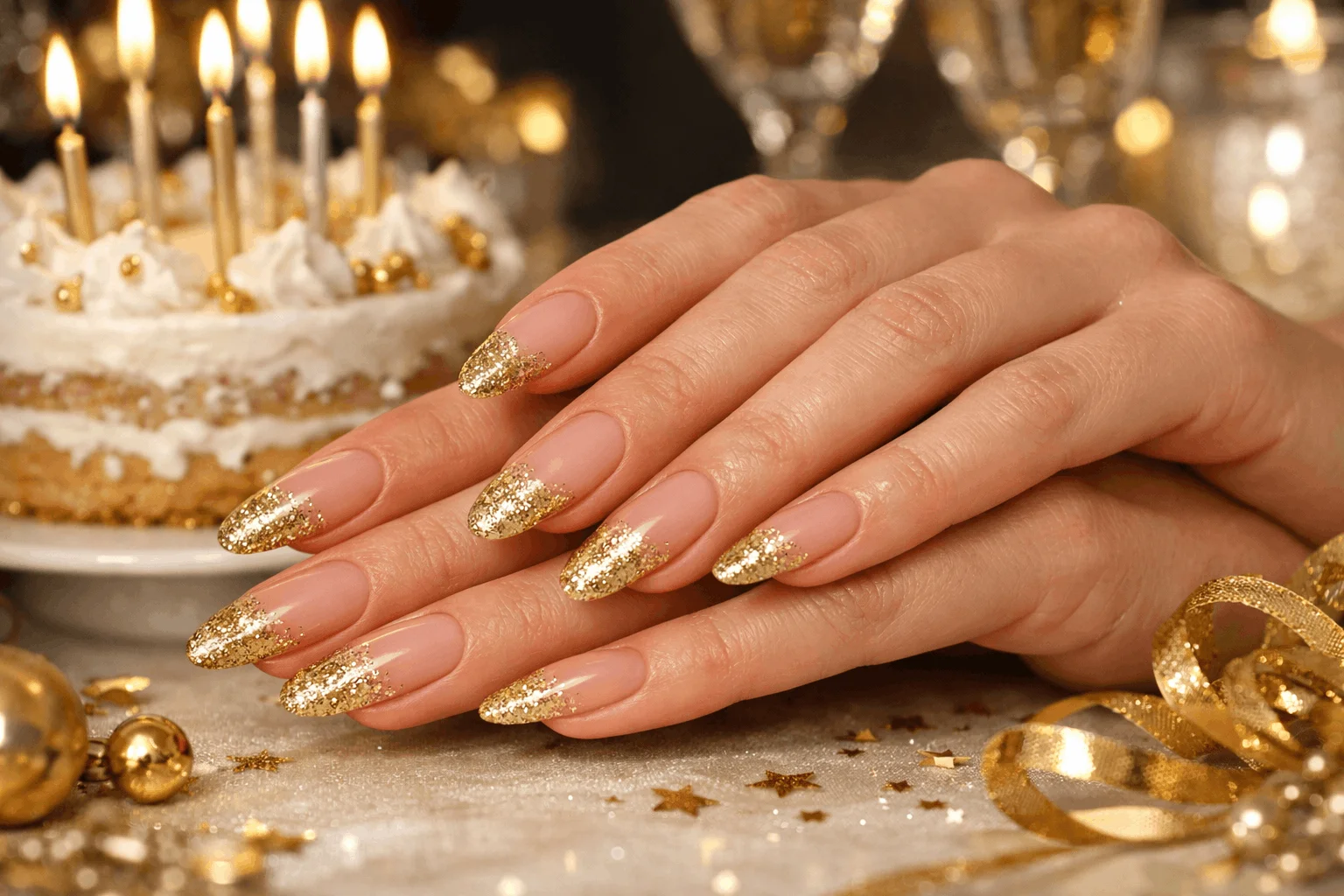 19 Birthday Nails That Will Make Your Party Shine 8 Gold glitter French tip birthday nail designs