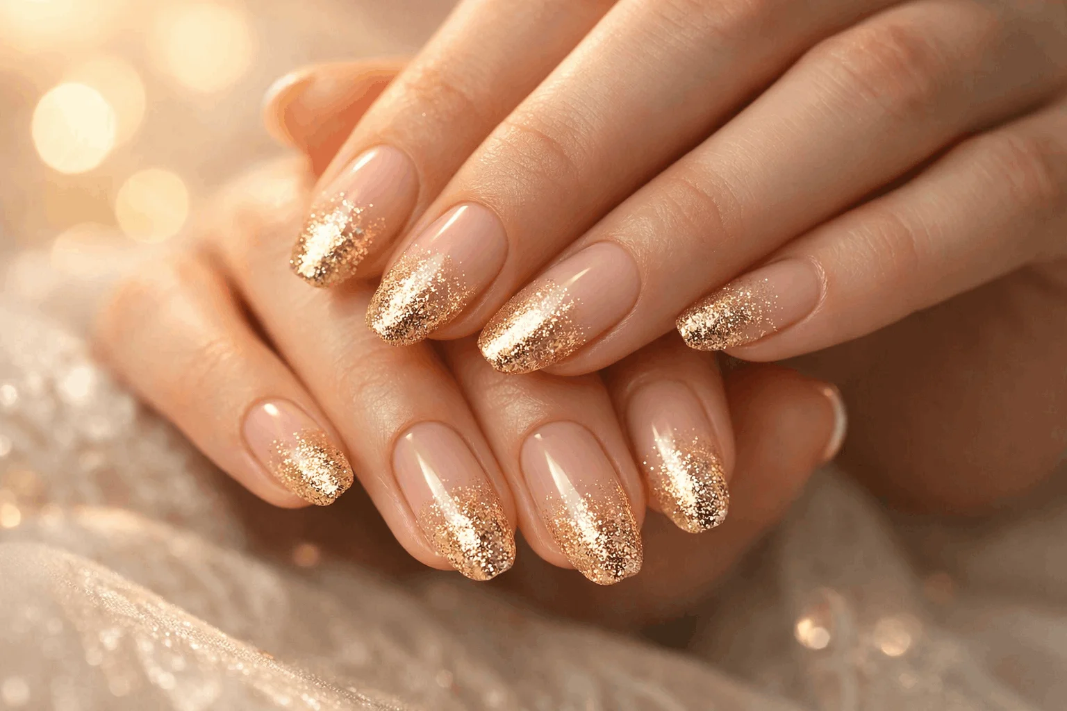 19 Gold Nail Designs That Elevate Your Style 11 Gold ombre nails with glitter gradient effect