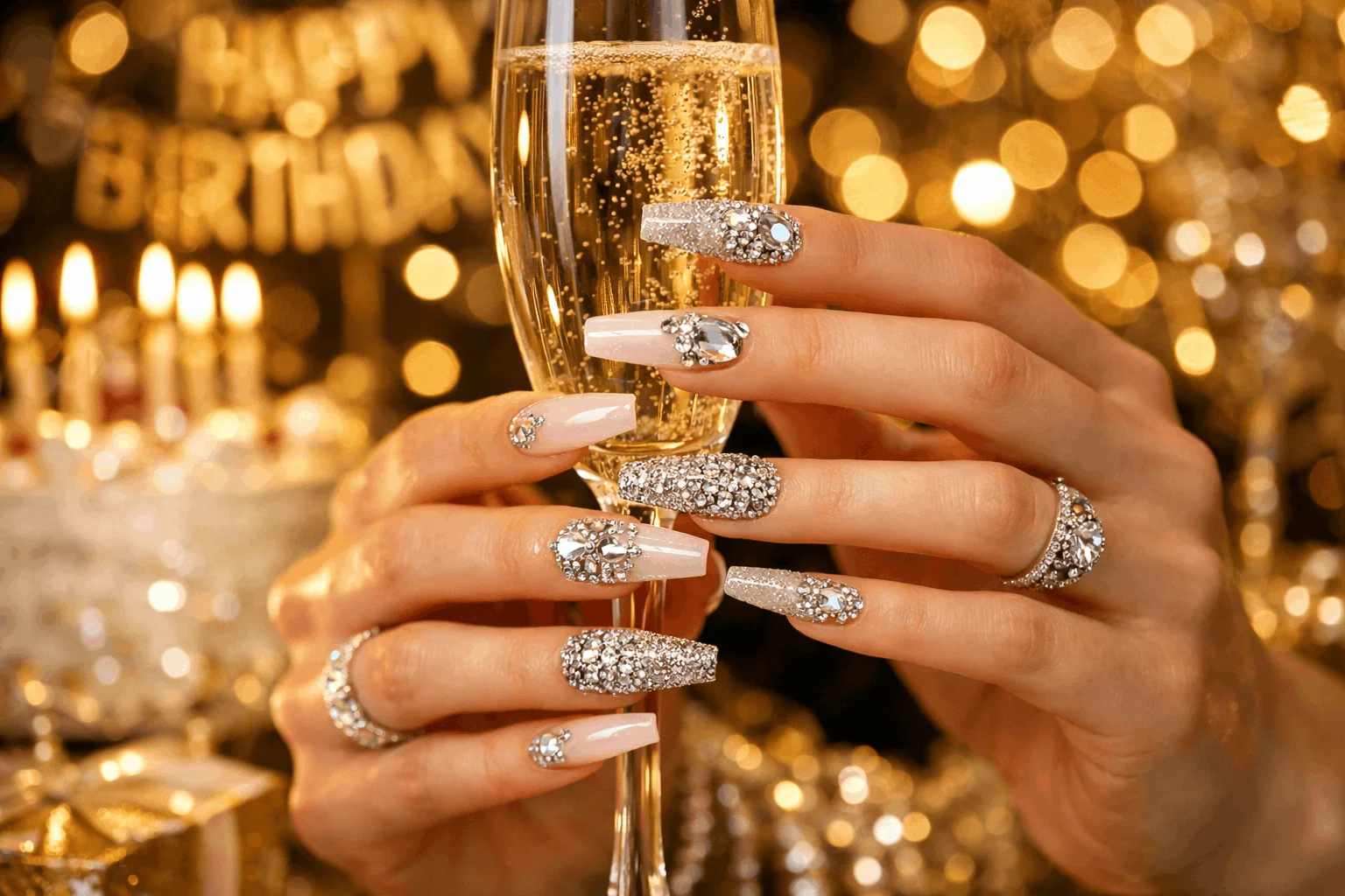 19 Birthday Nails That Will Make Your Party Shine 6 Luxury rhinestone birthday nails with crystal nail art