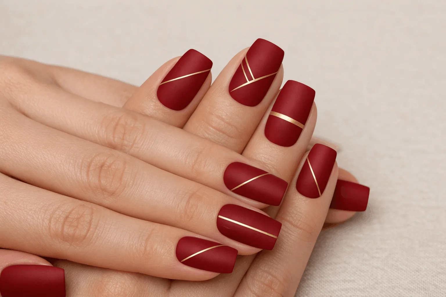18 Red Gold Nails Designs That Feel Bold and Elegant 5 Matte red nails with gold accents geometric design