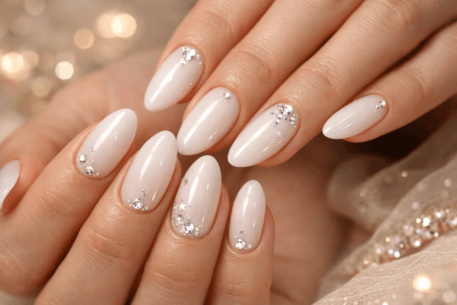 16 Milky White Nails That Feel Chic & Minimal 9 Milky white nails with gems subtle sparkle design