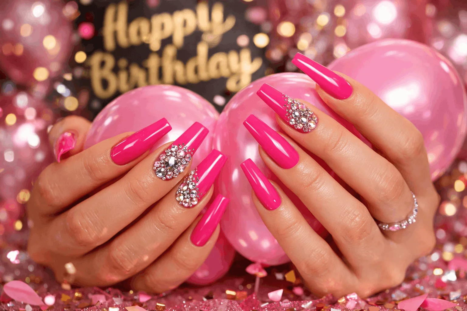 19 Birthday Nails That Will Make Your Party Shine 2 Pink glam birthday nail designs with rhinestones