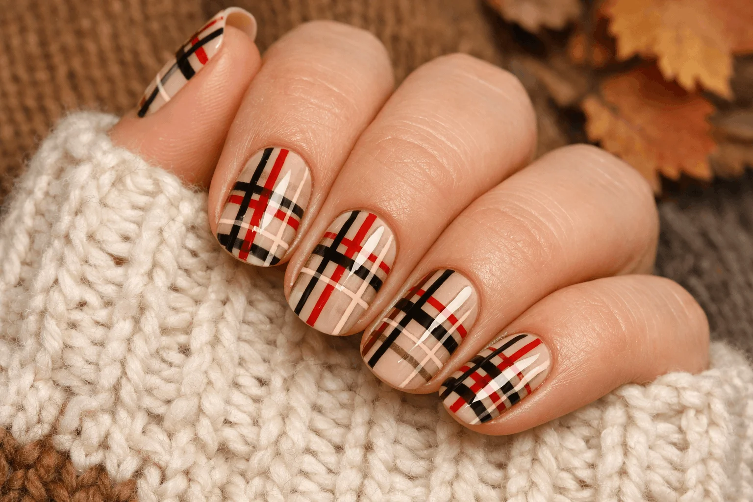 16 Fall Season Nails Trends You Need to Try 7 Plaid autumn nails with cozy seasonal design