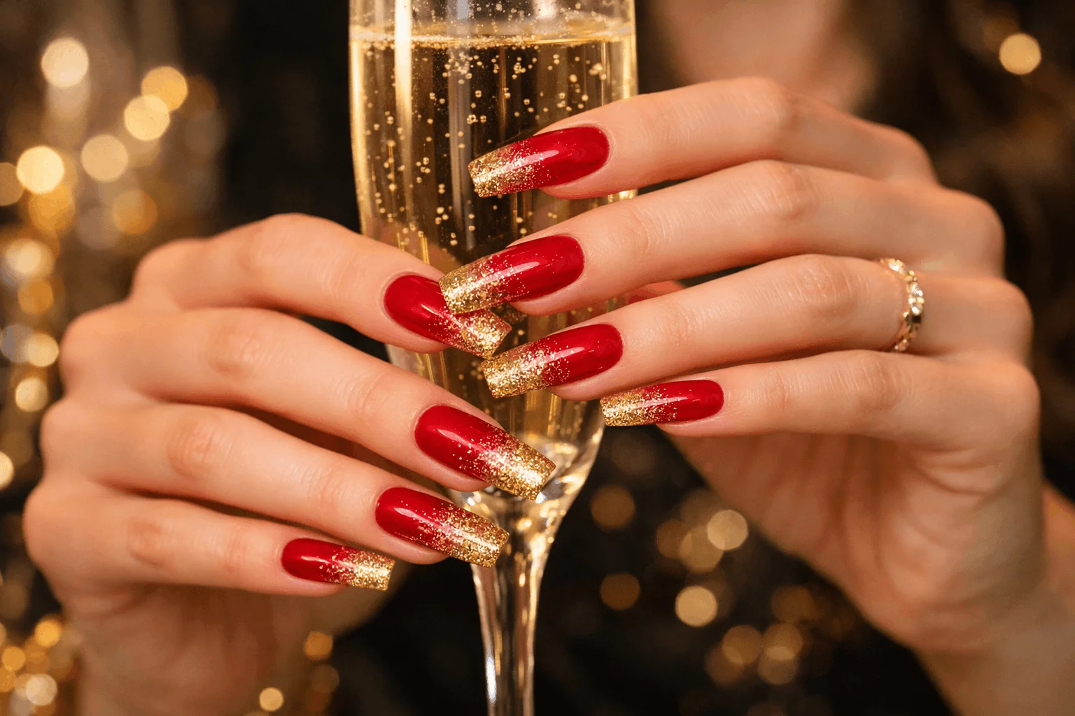 18 Red Gold Nails Designs That Feel Bold and Elegant 4 Red and gold glitter ombre nails glamorous manicure