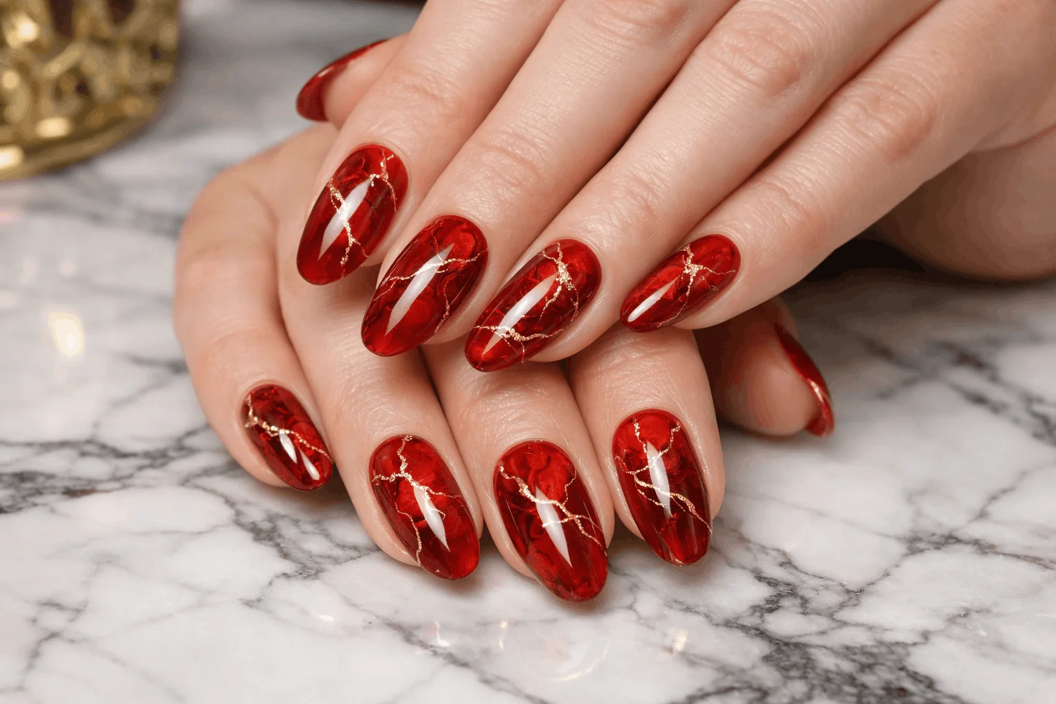 18 Red Gold Nails Designs That Feel Bold and Elegant 6 Red marble nails with gold veins luxury manicure
