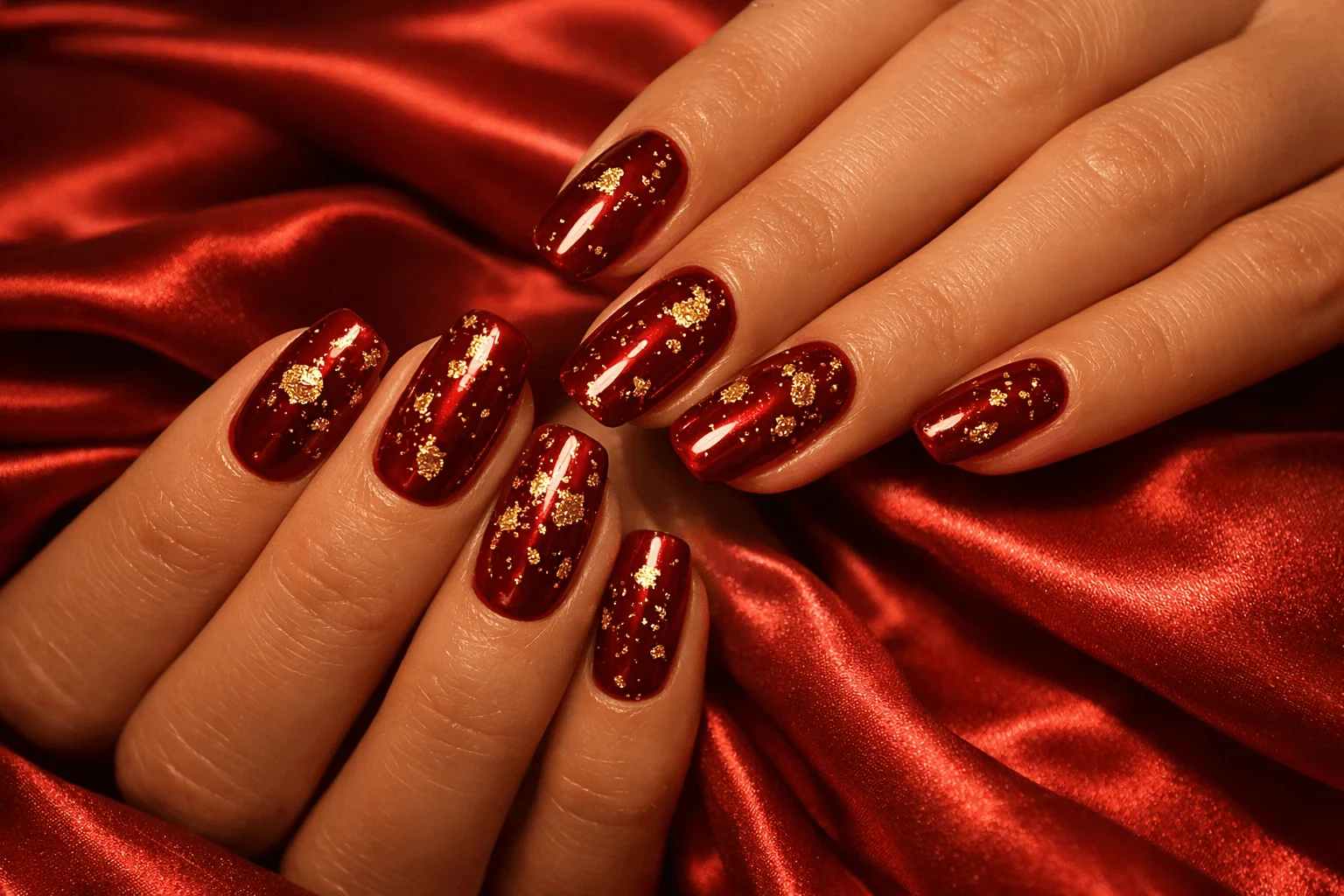 18 Red Gold Nails Designs That Feel Bold and Elegant 3 Red nails with gold foil luxury nail design