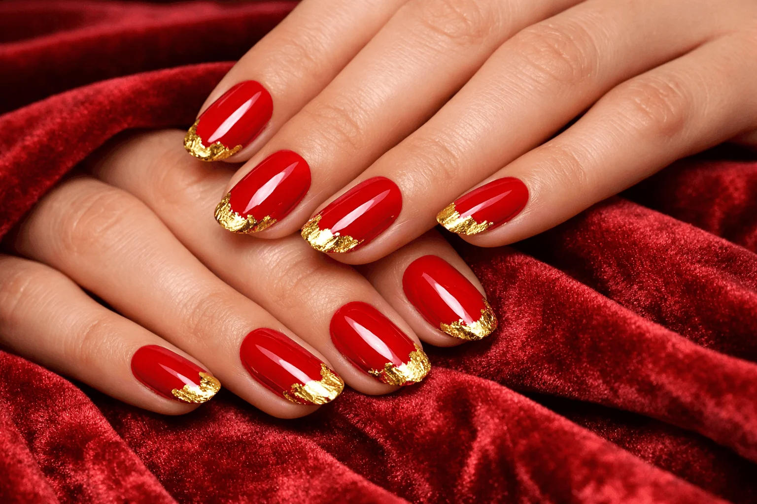18 Red Gold Nails Designs That Feel Bold and Elegant 7 Red nails with gold foil tips elegant nail art