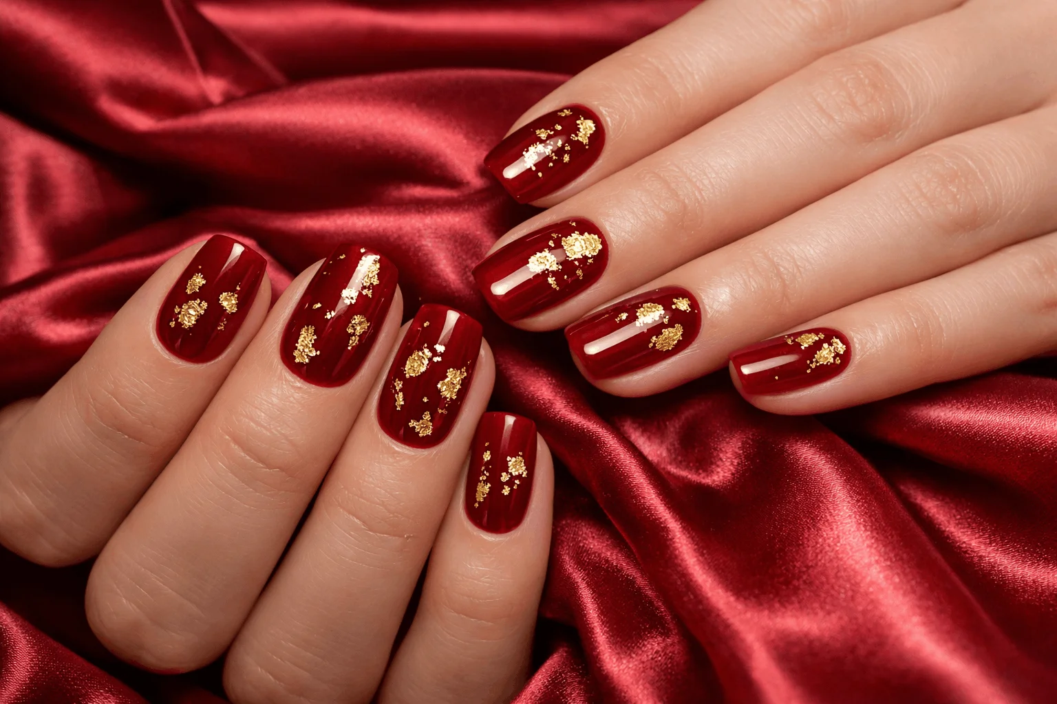 18 Red Gold Nails Designs That Feel Bold and Elegant 9 Red nails with gold leaf accents elegant manicure
