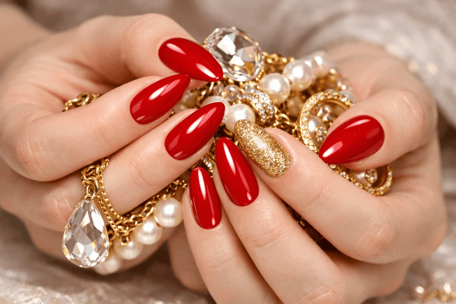 18 Red Gold Nails Designs That Feel Bold and Elegant 8 Ruby red nails with gold glitter accent manicure