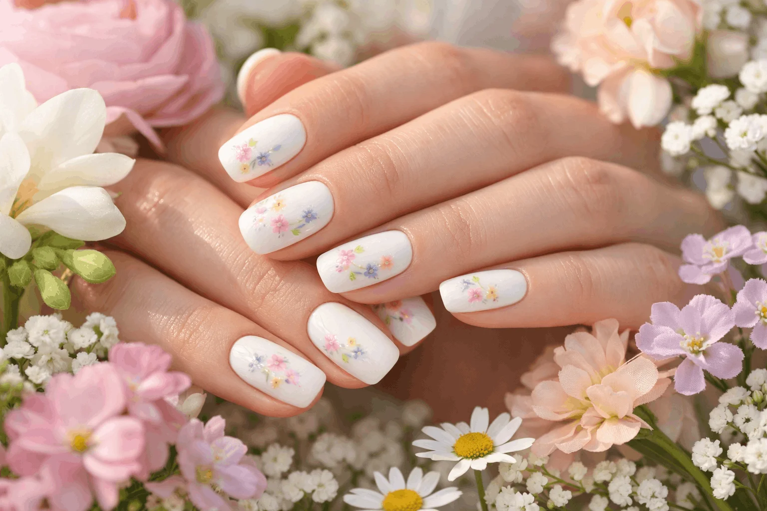19 White Nails Designs That Feel Fresh and Elegant 10 White nails with delicate floral nail art