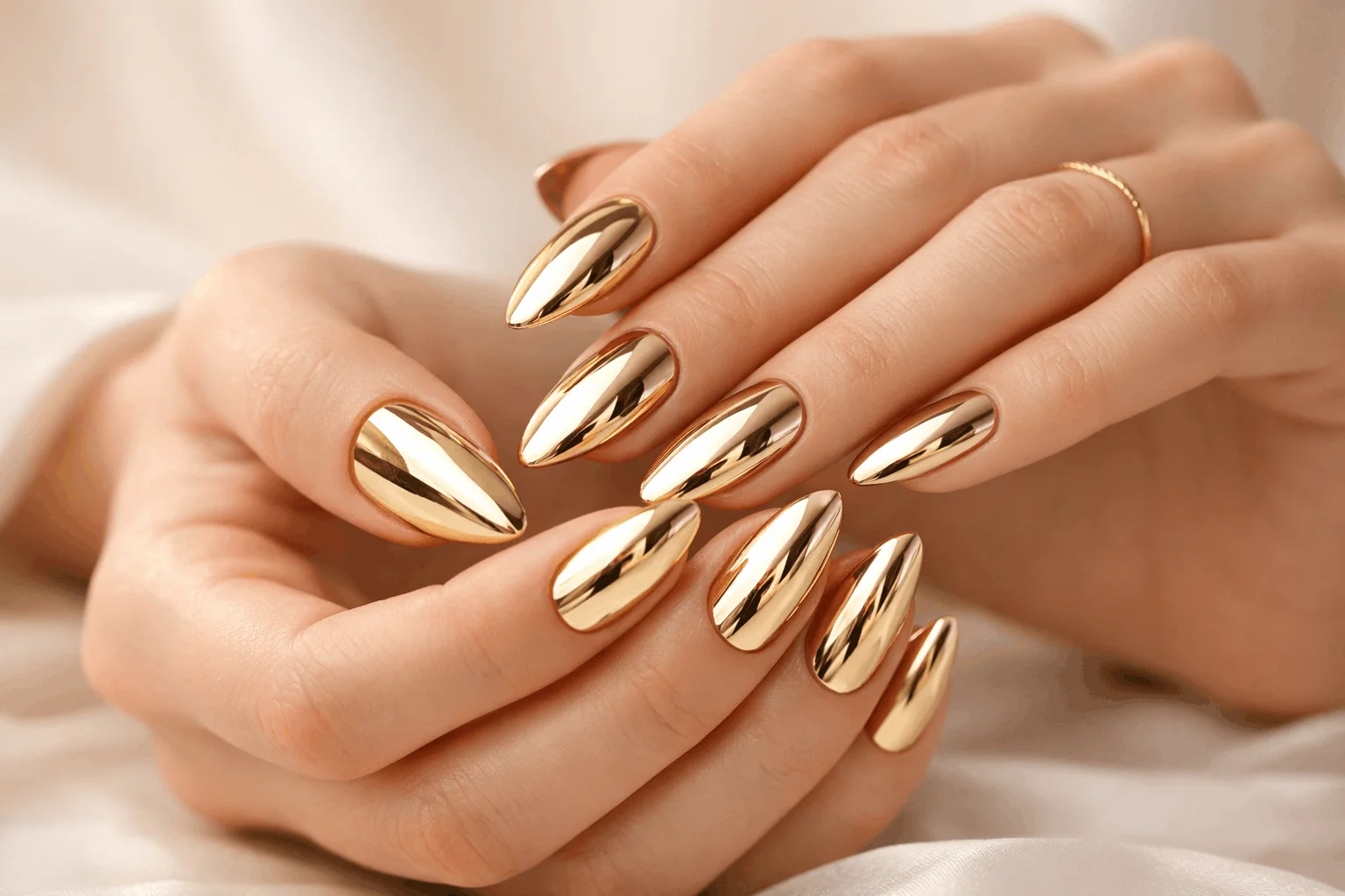 18 Gold Chrome Nails for a Chic Glam Look 3 almond shape mirror gold nails elegant manicure