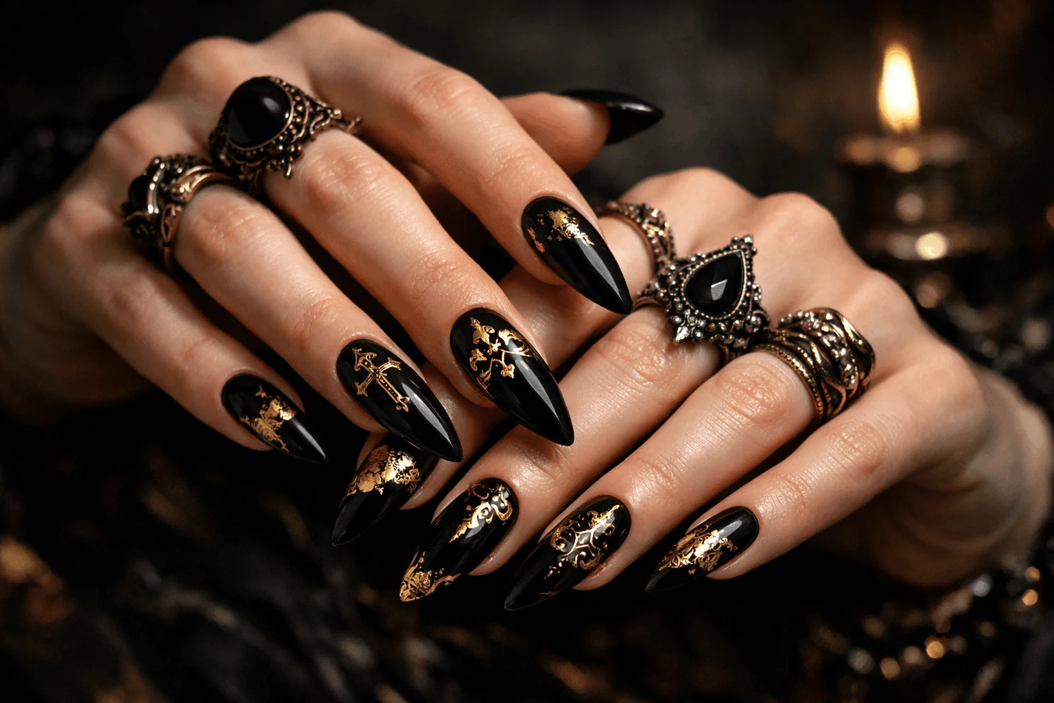 17 Vampire Nails That Look Dark, Bold and Chic 9 black and gold gothic vampire nails luxury dark manicure