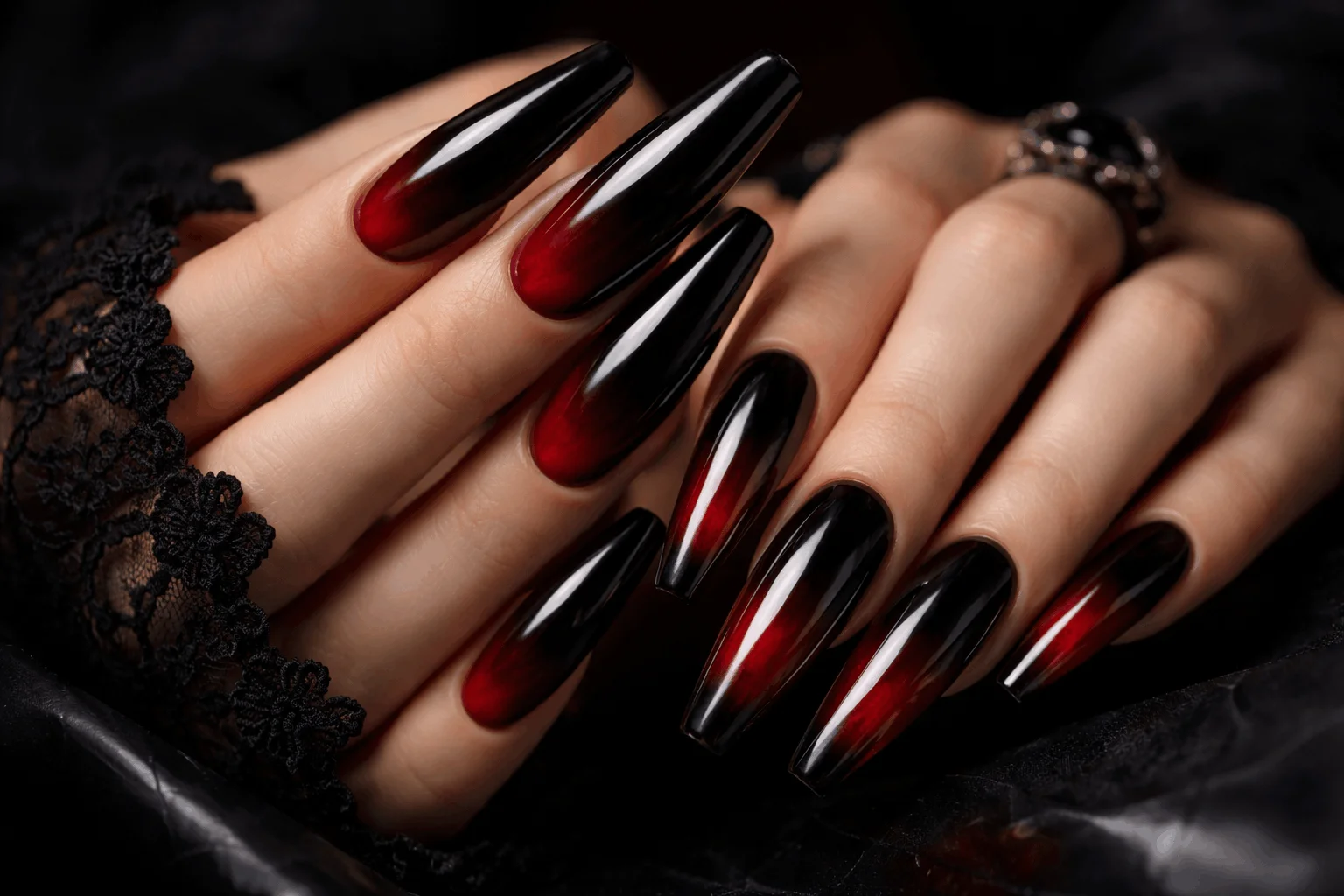 17 Vampire Nails That Look Dark, Bold and Chic 5 black to red ombre vampire nails smoky gothic gradient manicure