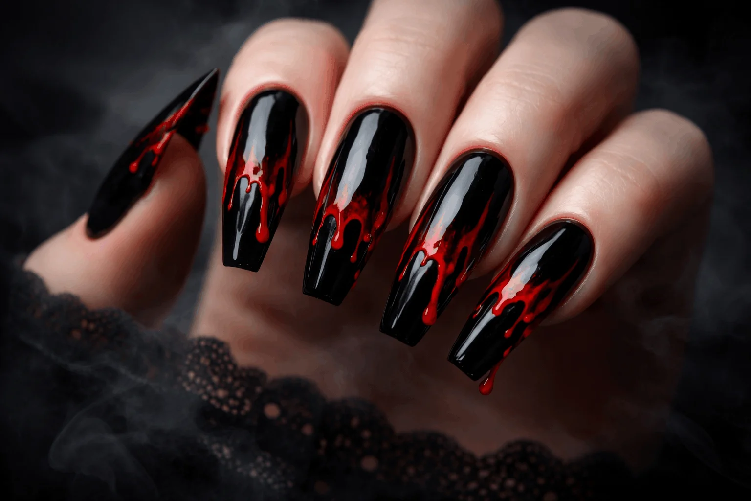 16 Gothic Nails Styles for a Bold Aesthetic 6 blood drip gothic nails red and black dramatic design