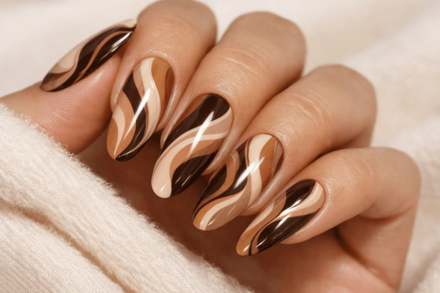 17 Brown Nails Ideas That Feel Rich & Chic 8 brown swirl nail design abstract aesthetic nails