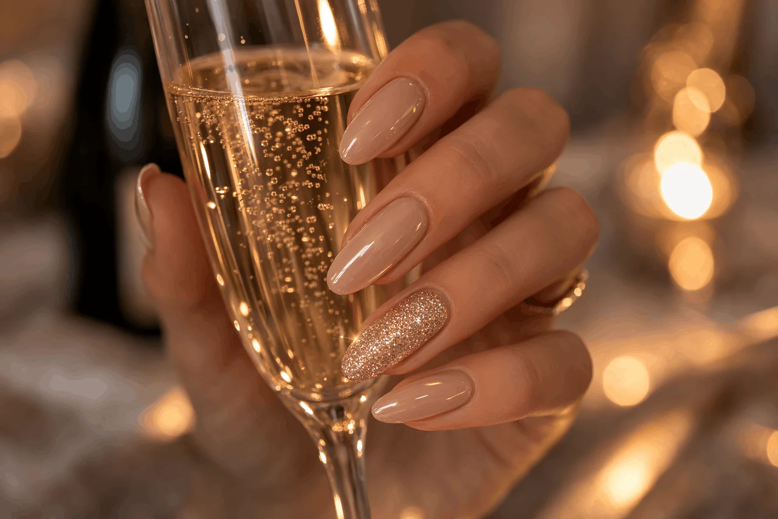 17 Champagne Nails Designs That Look Classy & Chic 4 champagne glitter nails accent manicure design
