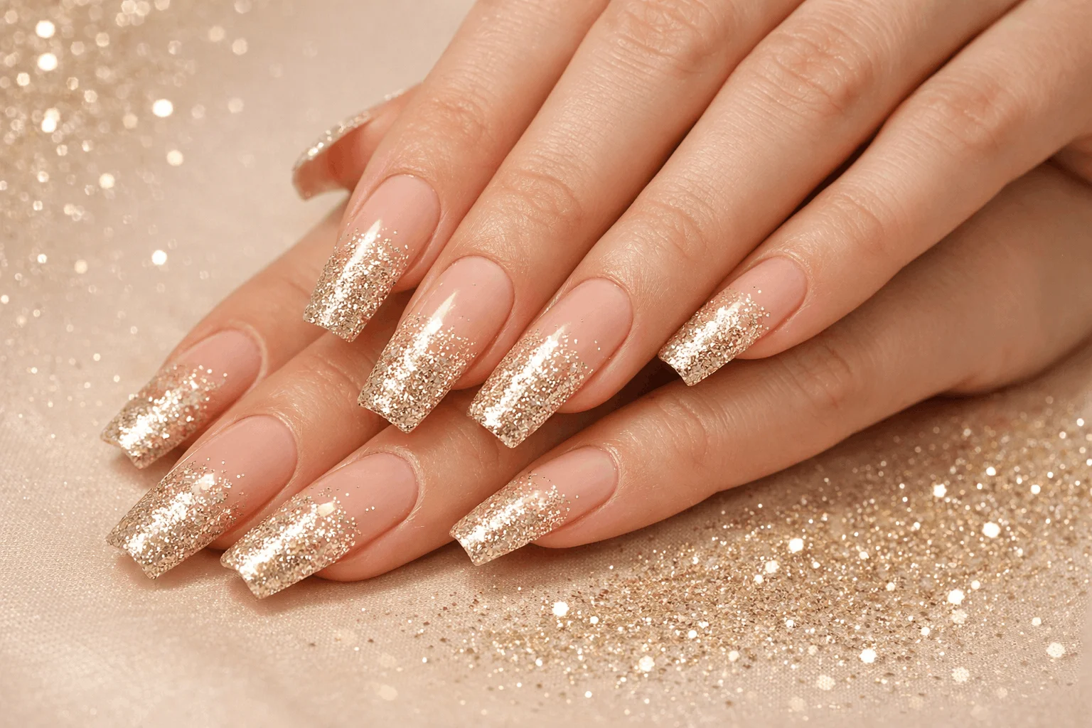 17 Champagne Nails Designs That Look Classy & Chic 8 champagne glitter ombre nails design