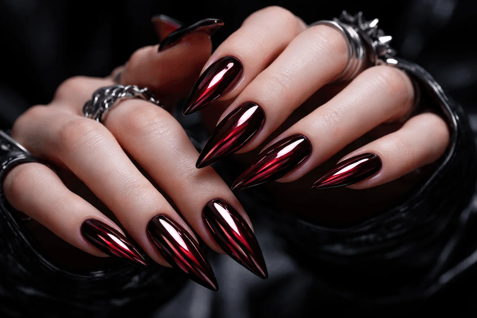 17 Vampire Nails That Look Dark, Bold and Chic 7 chrome dark red vampire nails metallic glossy manicure