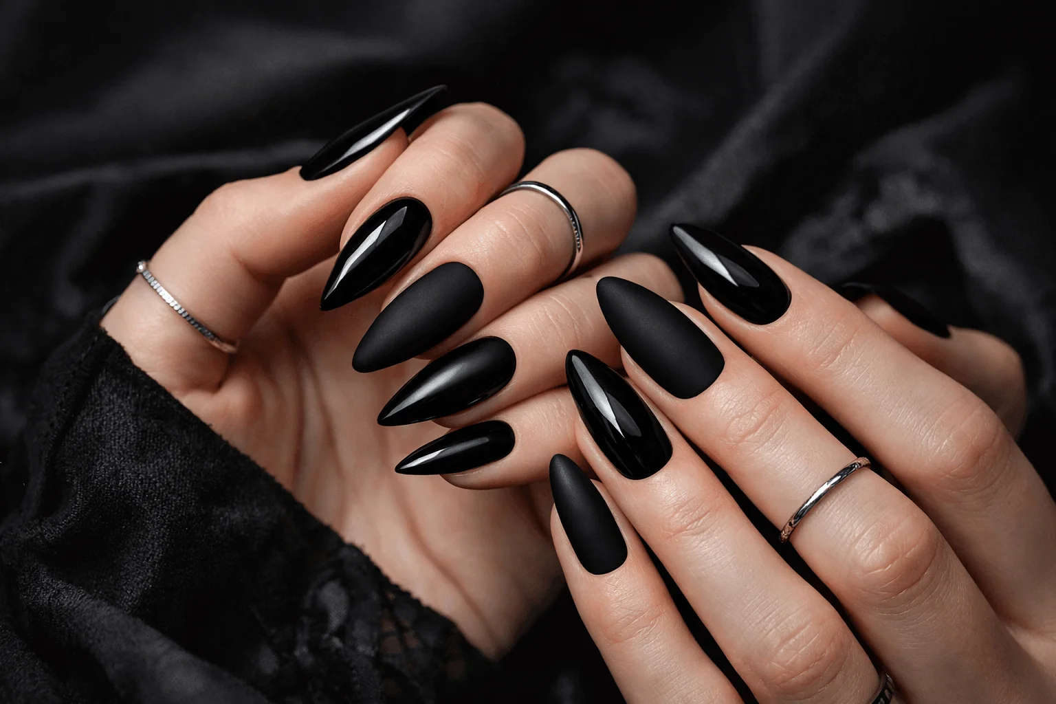 16 Gothic Nails Styles for a Bold Aesthetic 2 classic gothic nails glossy and matte black manicure
