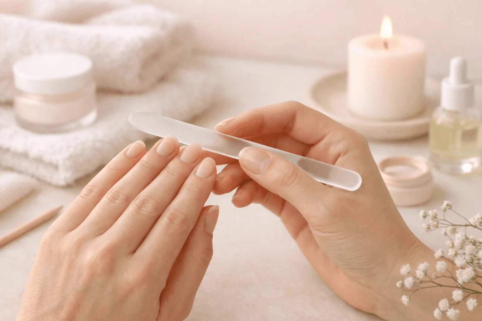 18 Easy Ways on How to Heal Nails After Gel Damage 5 filing weak nails with glass nail file after gel