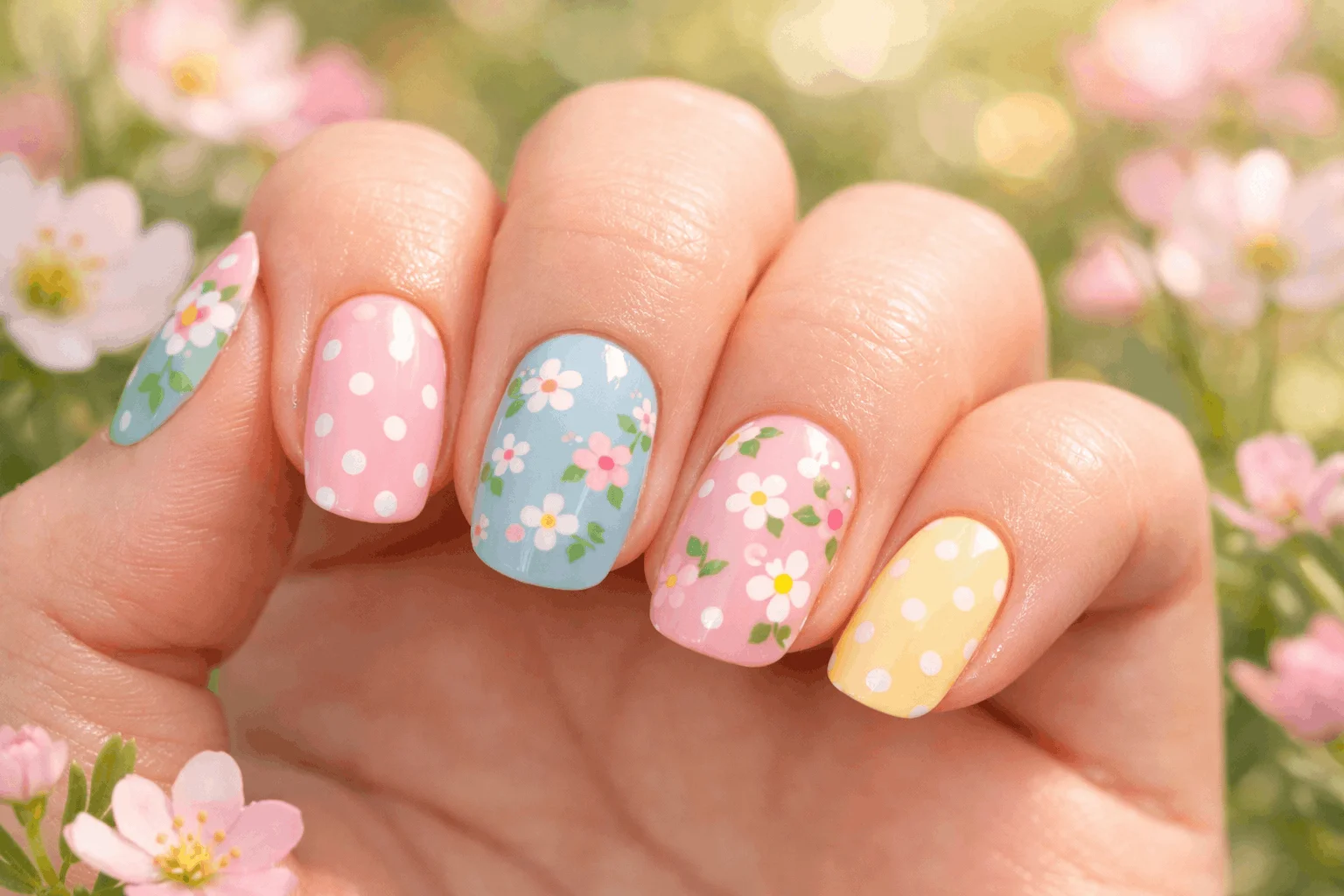 17 Polka Dot Nails That Are Cute & Playful 8 floral and polka dot nails cute feminine design