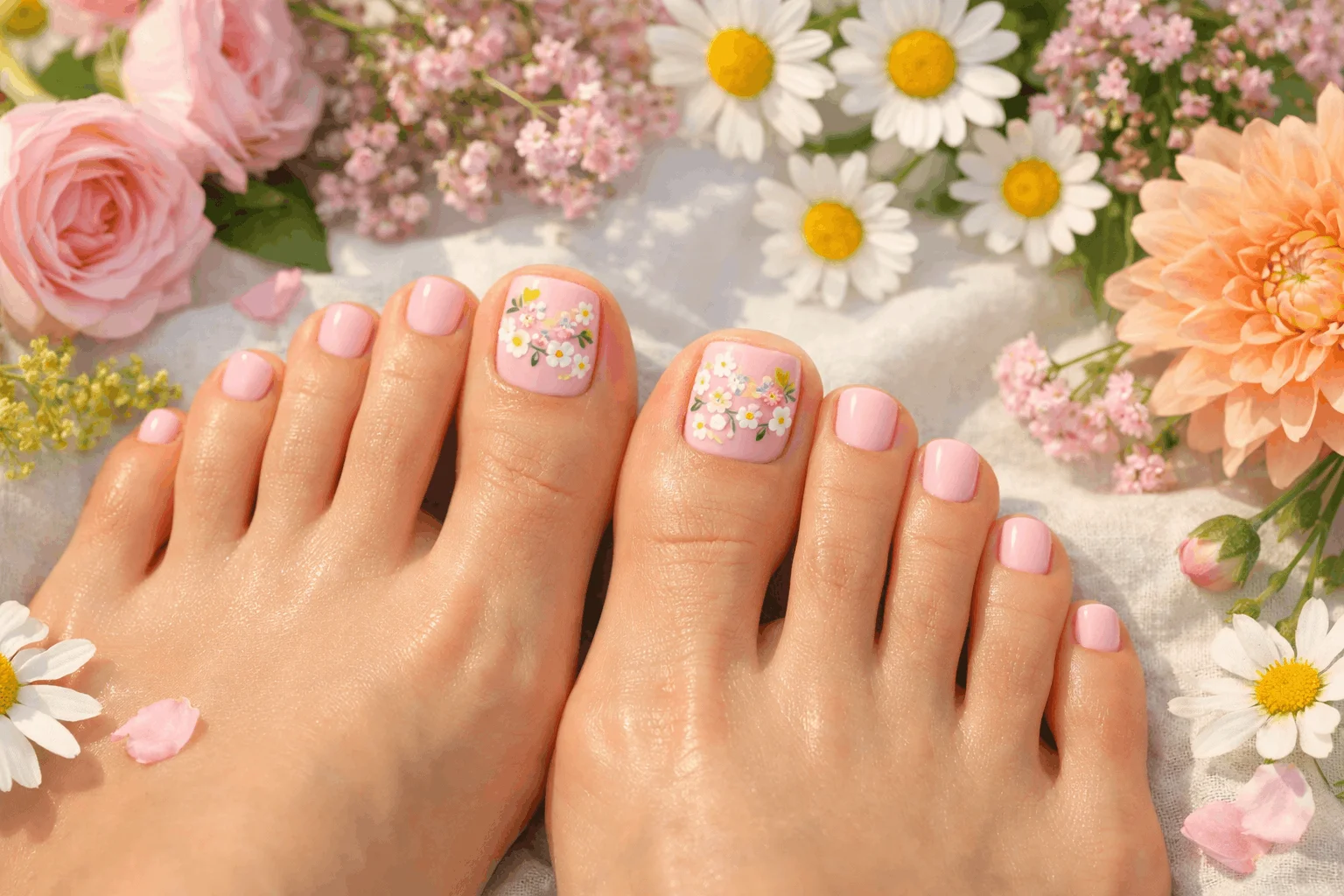 18 Pedicure Ideas That Look Stylish All Summer 9 floral summer pedicure nail art idea