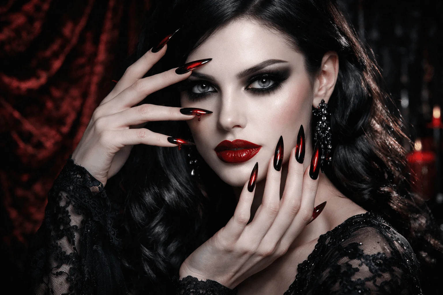 17 Vampire Nails That Look Dark, Bold and Chic 1 glamorous woman with vampire nails blood drip gothic manicure