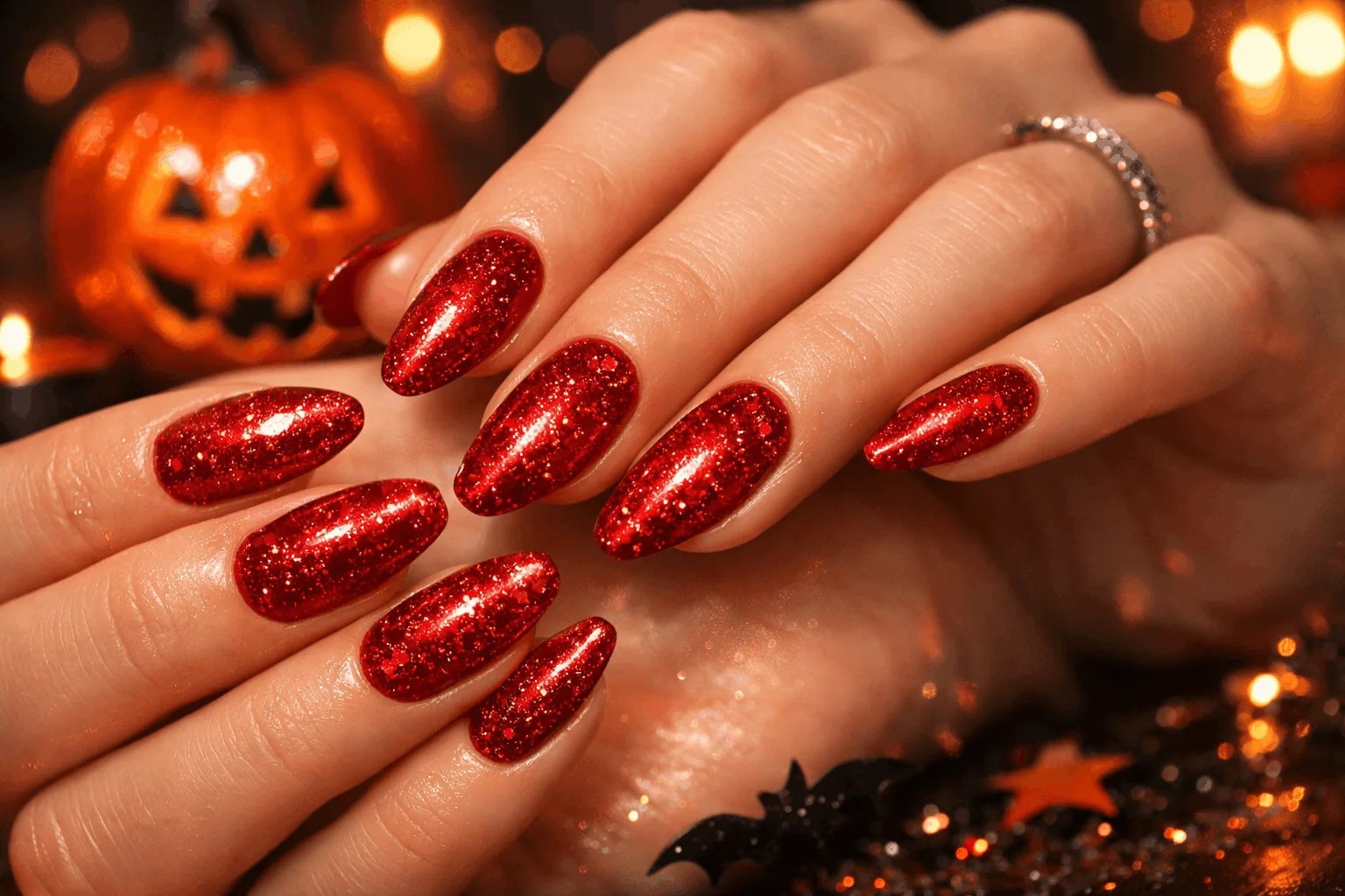 18 Red Halloween Nails for a Bold Spooky Look 7 glitter red halloween nails sparkling manicure