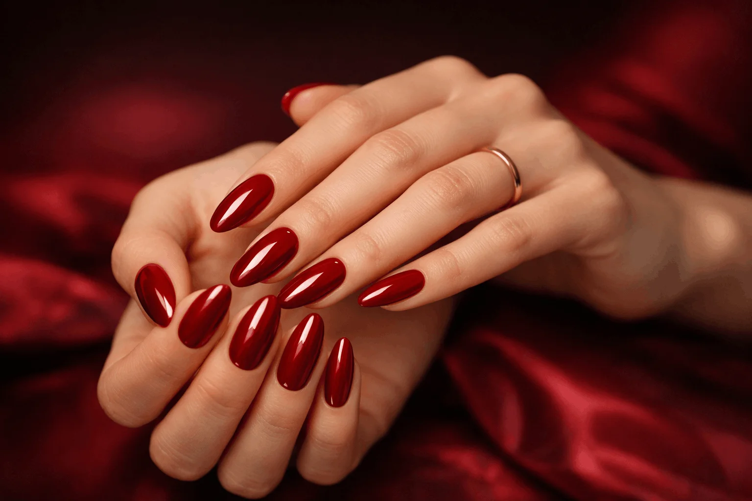 17 Vampire Nails That Look Dark, Bold and Chic 3 glossy deep red vampire nails elegant almond shape manicure