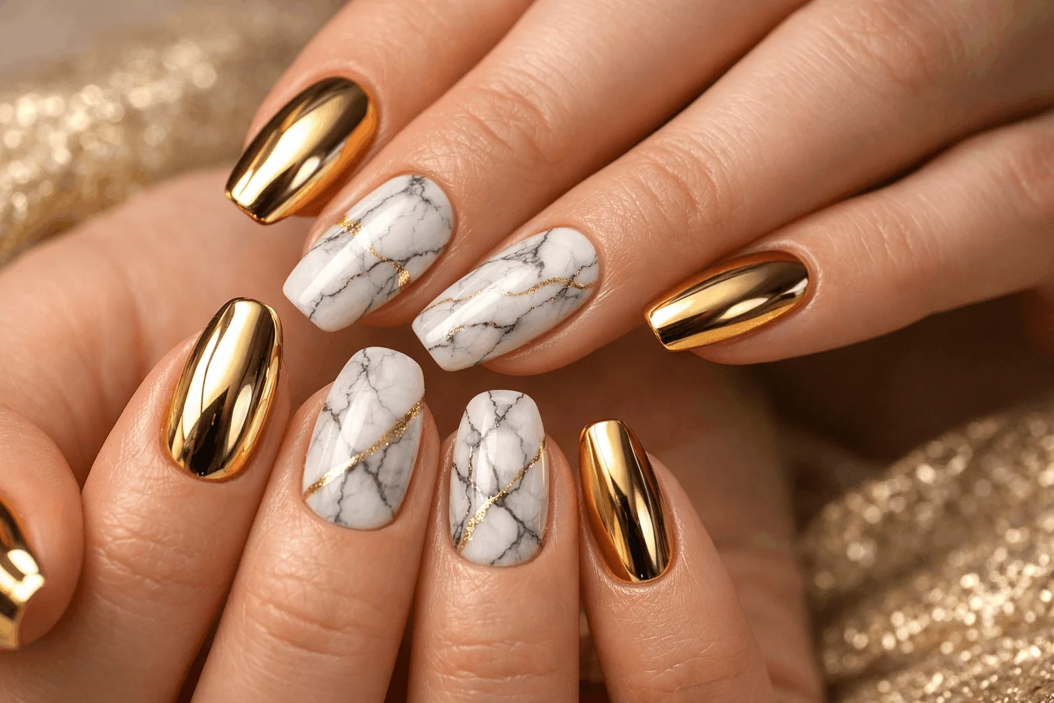 18 Gold Chrome Nails for a Chic Glam Look 8 gold chrome marble nail design luxury manicure