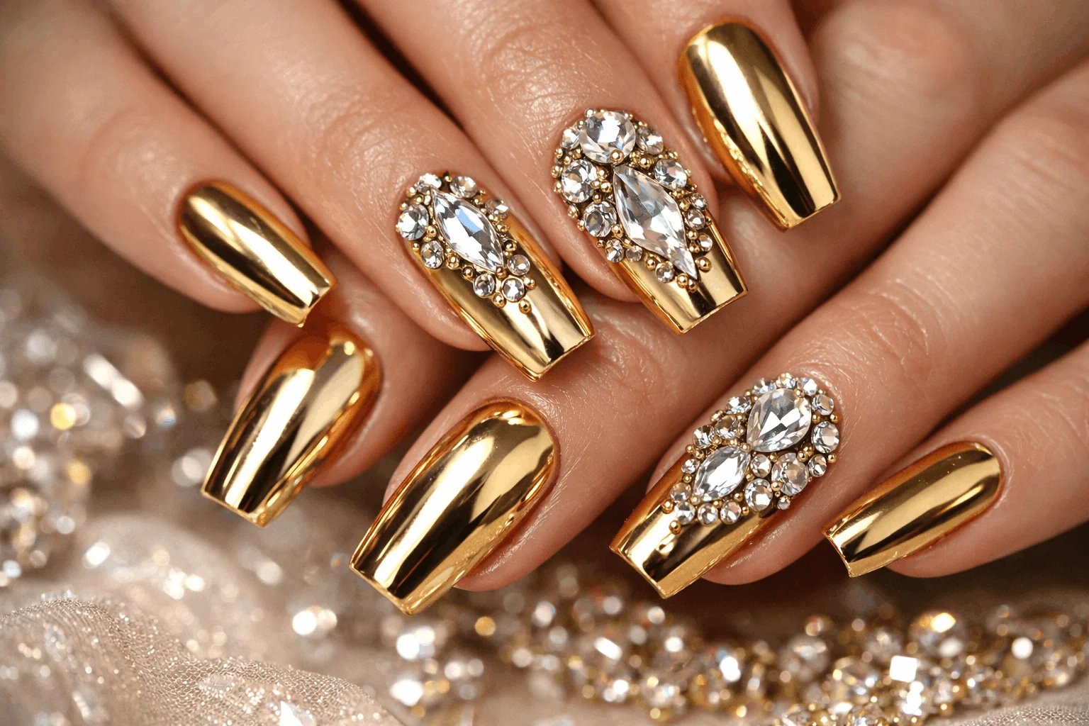18 Gold Chrome Nails for a Chic Glam Look 10 gold chrome nails with rhinestones luxury nail art