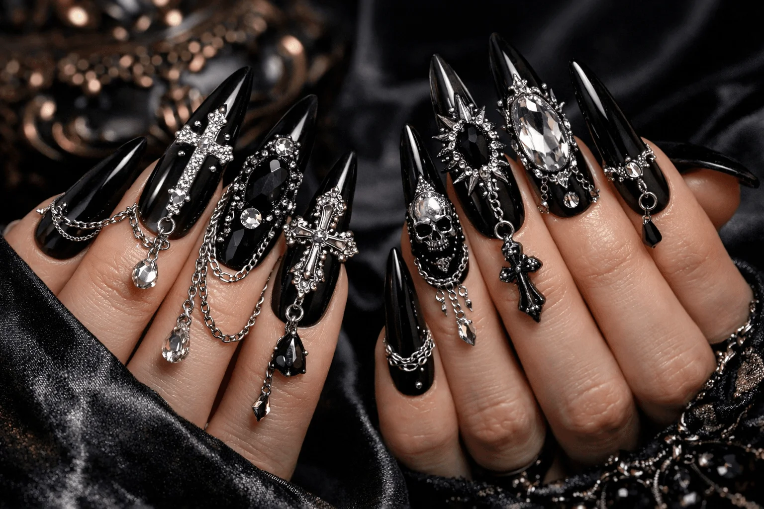 16 Gothic Nails Styles for a Bold Aesthetic 5 gothic acrylic nails with 3D crosses and chain details