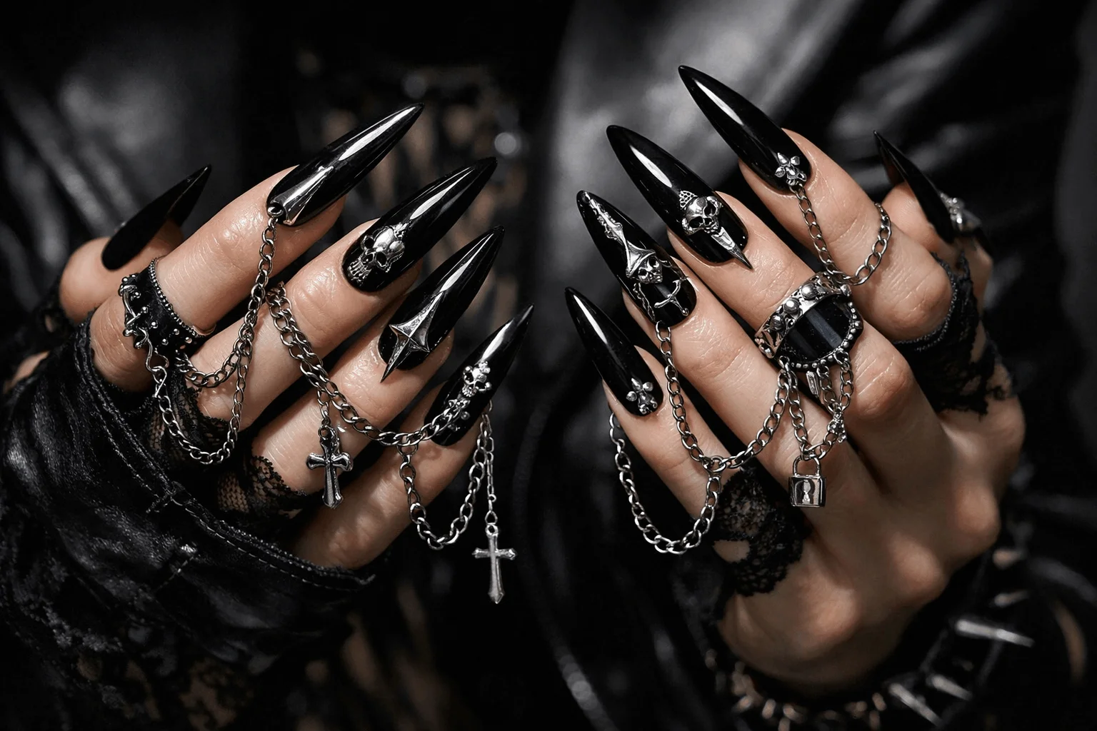16 Gothic Nails Styles for a Bold Aesthetic 11 gothic acrylic nails with chains bold edgy design