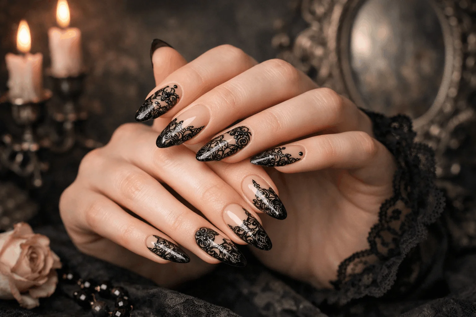 16 Gothic Nails Styles for a Bold Aesthetic 9 gothic lace nail designs elegant black lace manicure