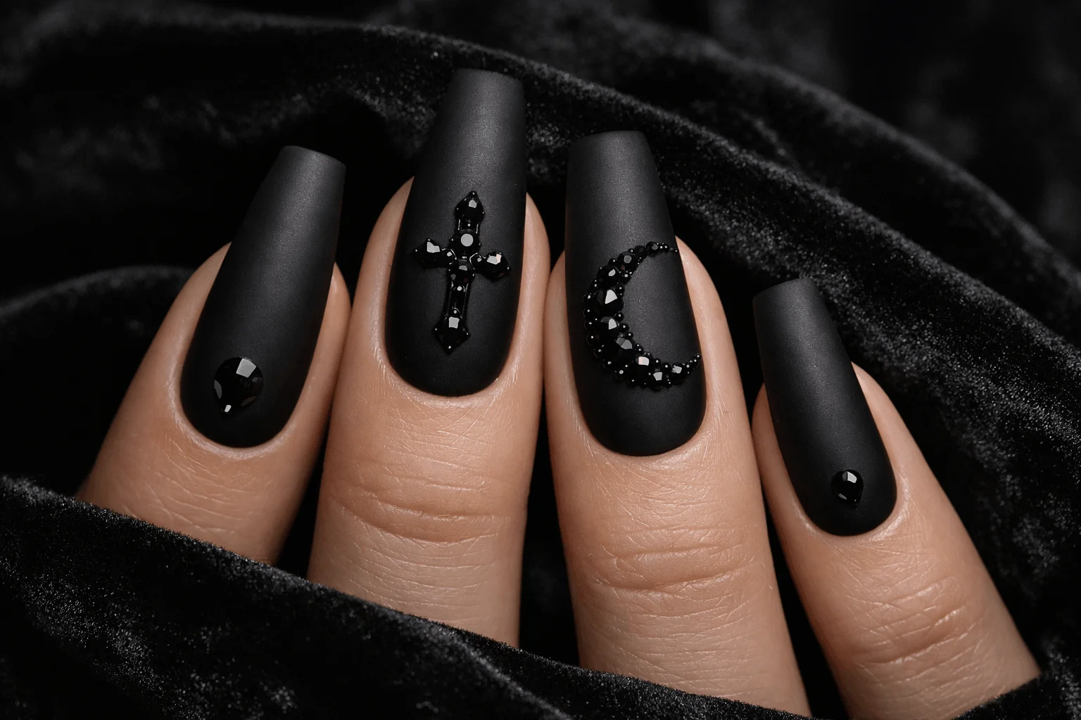 17 Vampire Nails That Look Dark, Bold and Chic 4 matte black gothic vampire nails with dark aesthetic design