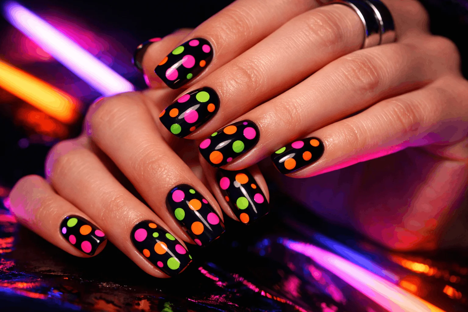 17 Polka Dot Nails That Are Cute & Playful 9 neon colorful polka dot nails bold summer look