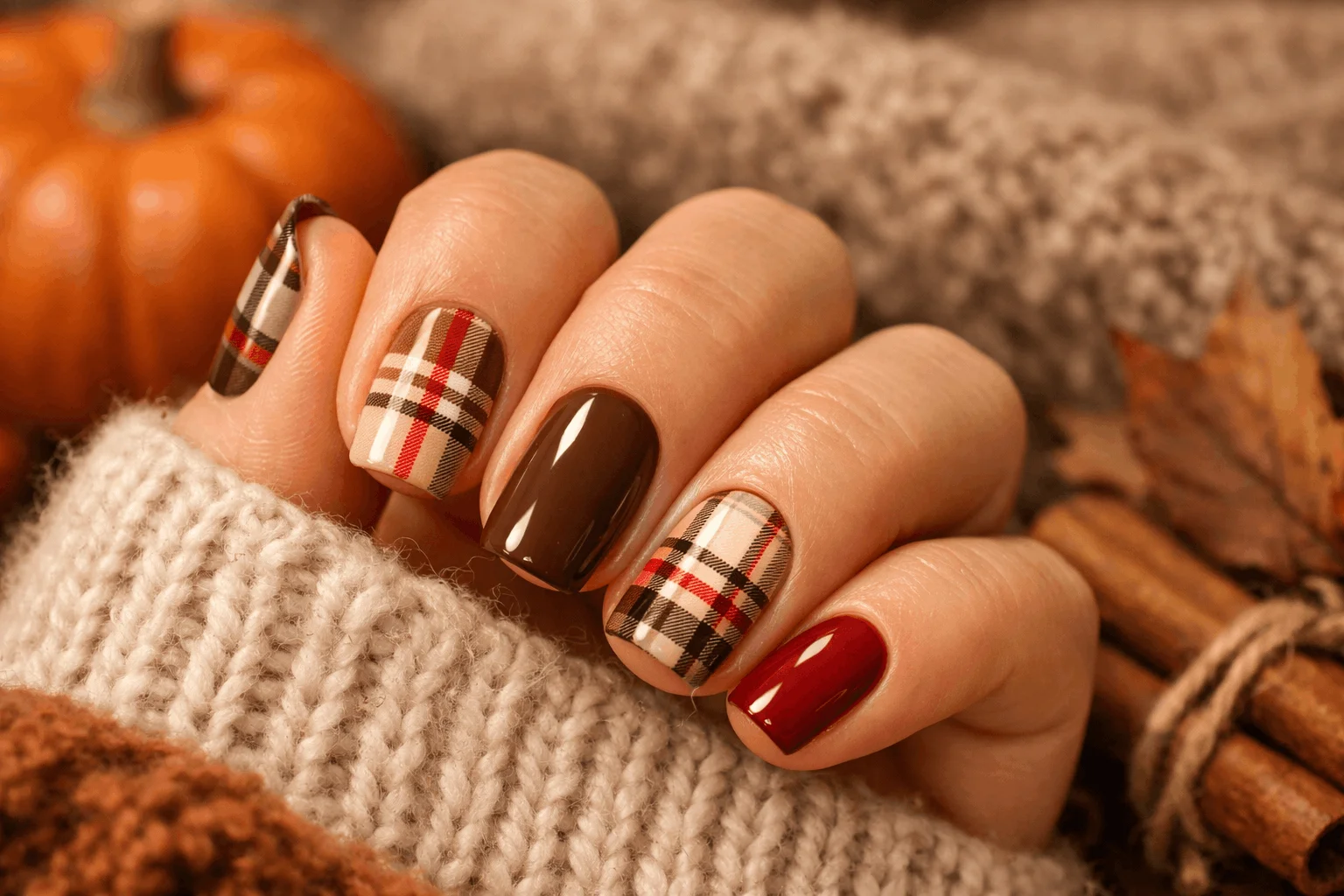 17 November Nails Designs That Stand Out 5 plaid november gel nails autumn pattern manicure