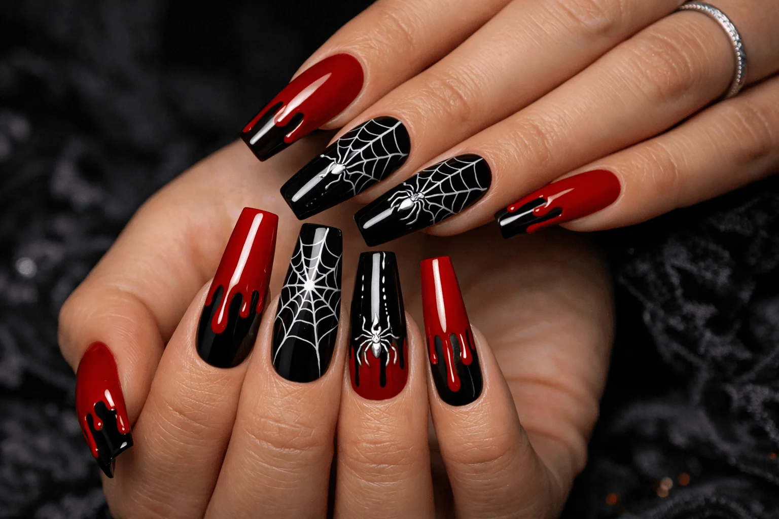 18 Red Halloween Nails for a Bold Spooky Look 6 red halloween nails coffin shape acrylic design