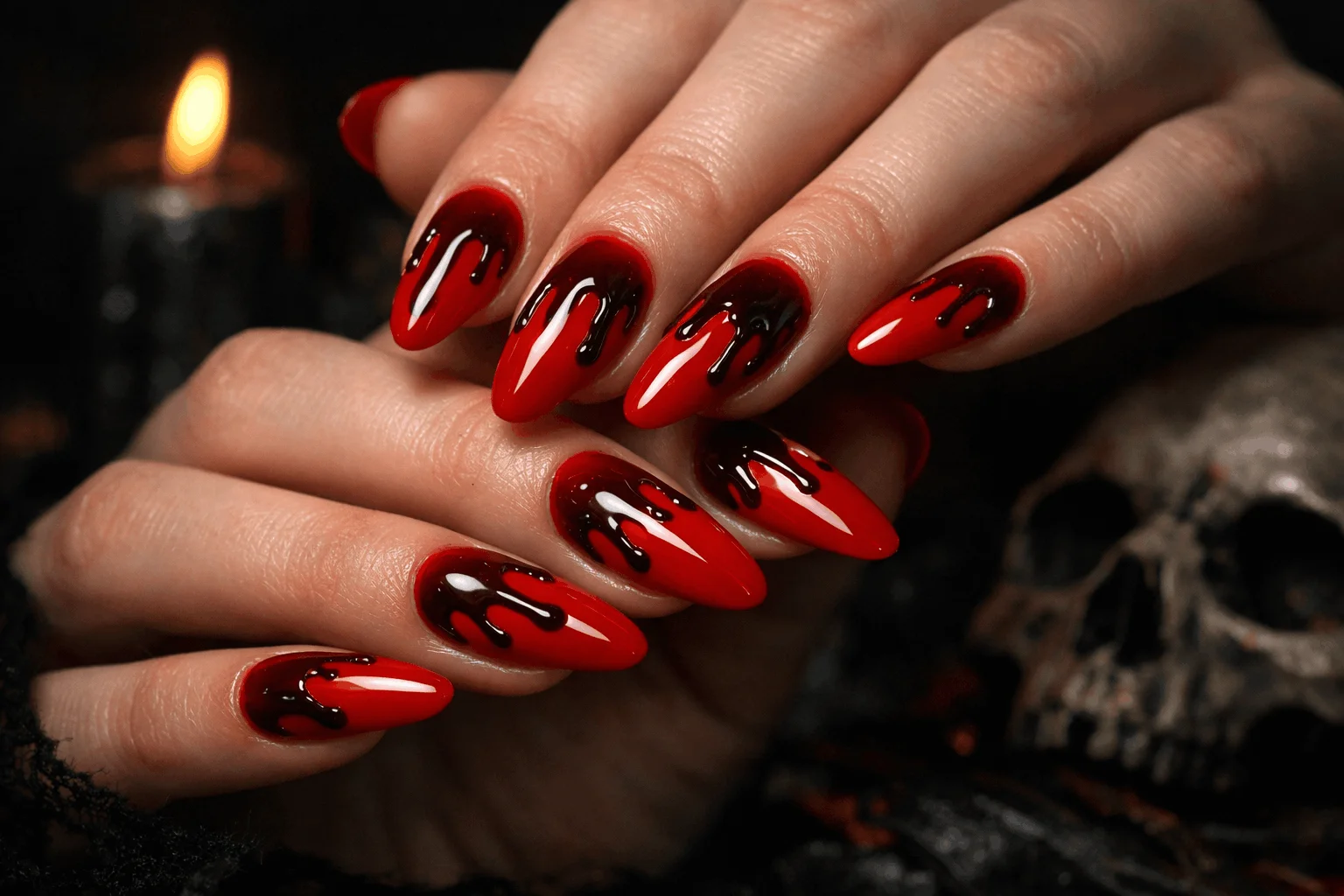 18 Red Halloween Nails for a Bold Spooky Look 3 red halloween nails with blood drip spooky design