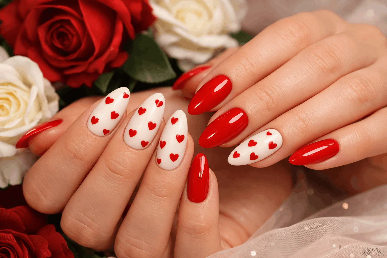 18 Red and White Nails Looks Perfect for Any Season 6 romantic red hearts on white nails manicure