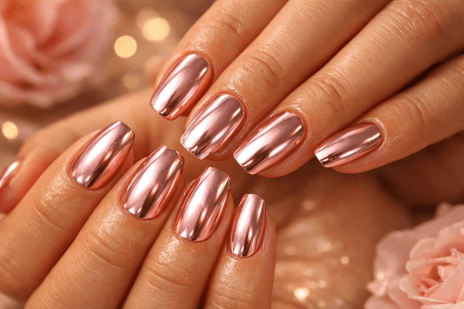 18 Gold Chrome Nails for a Chic Glam Look 7 rose gold chrome nails soft feminine manicure
