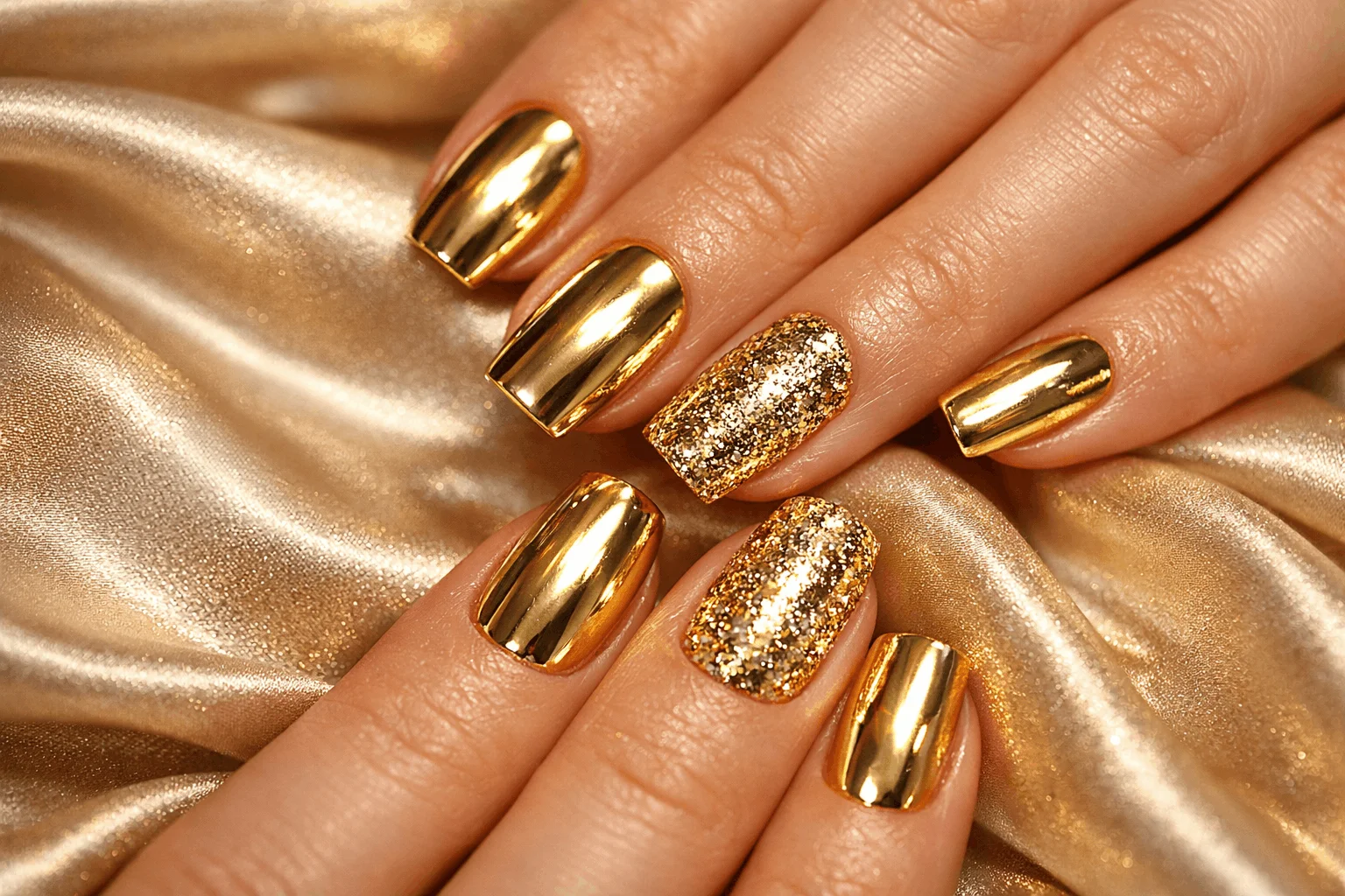 18 Gold Chrome Nails for a Chic Glam Look 5 shiny gold nails with glitter accent manicure