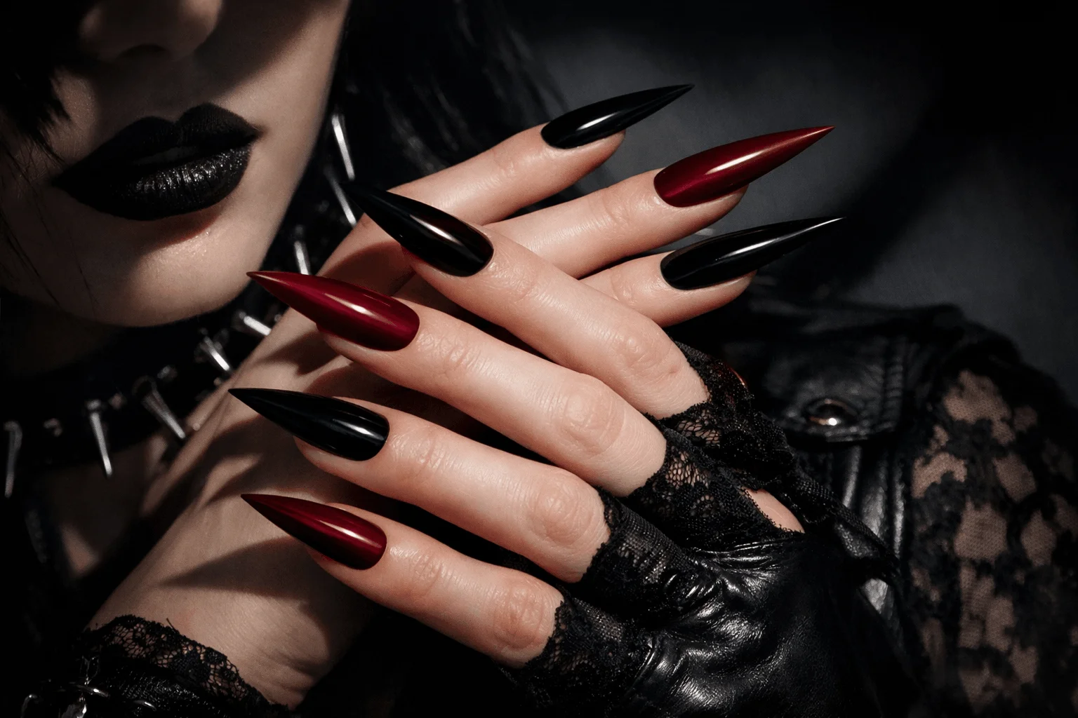 17 Vampire Nails That Look Dark, Bold and Chic 6 stiletto vampire nails sharp gothic bold manicure design