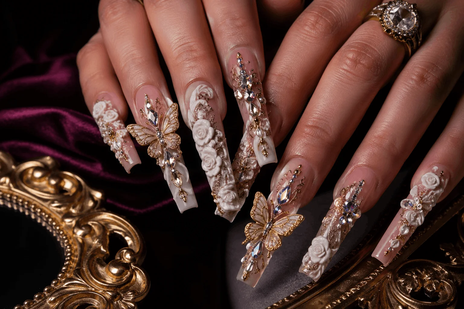 10 Butterfly Nails Designs You’ll Want This Season 5 3D butterfly nails with raised charms and crystals