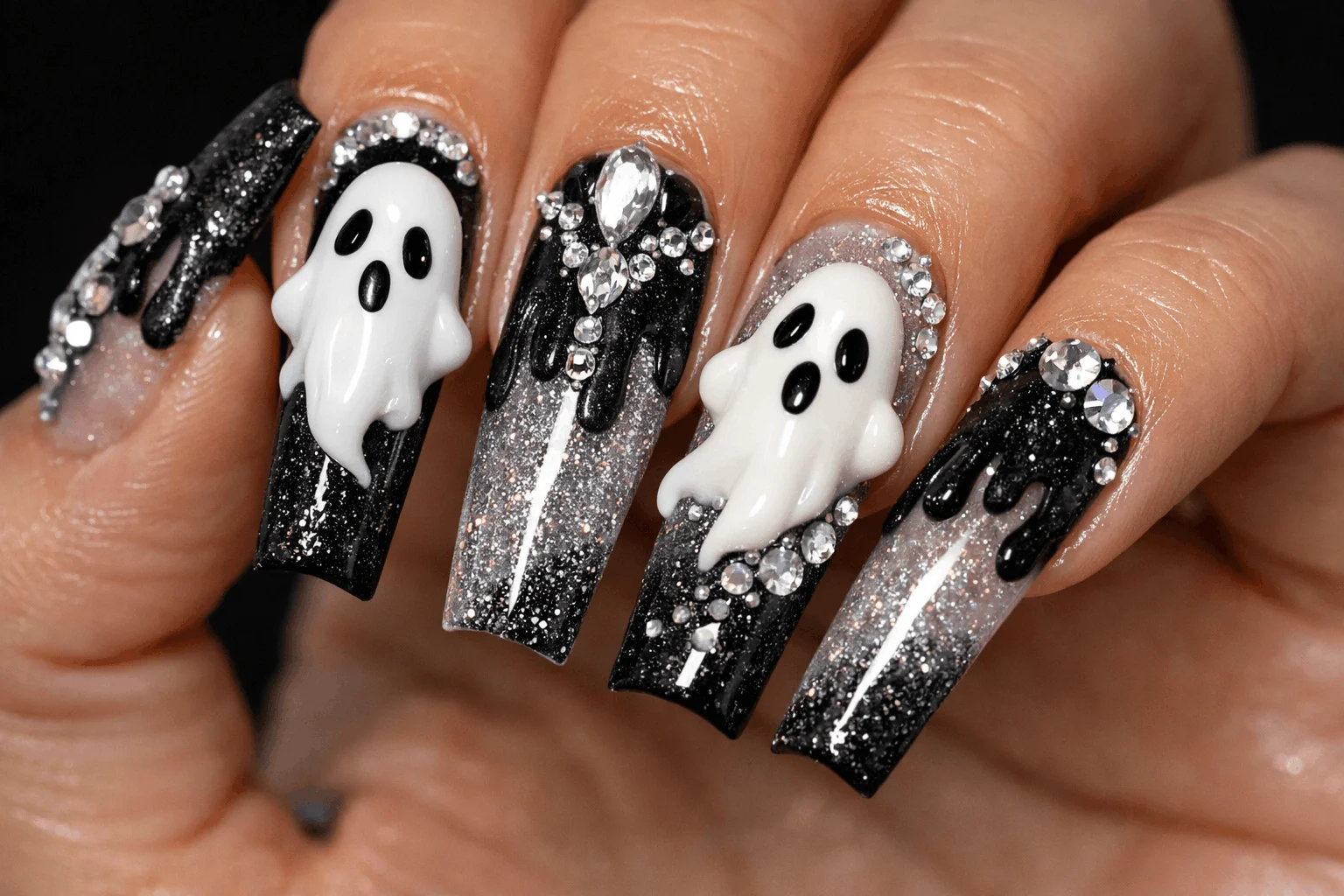 13 Ghost Nails Looks That Are Trending Right Now 6 3D ghost acrylic nails with rhinestones and details