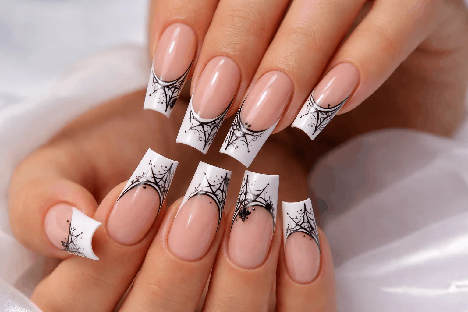 13 Spider Web Acrylic Nails You’ll Want to Copy 7 French tip spider web nails with elegant design
