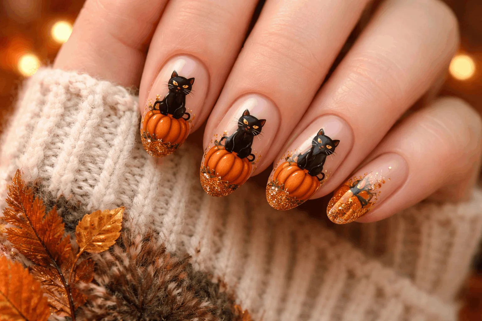 12 Halloween Cat Nails for a Spooky Chic Look 4 Adorable cat pumpkin nails for halloween manicure