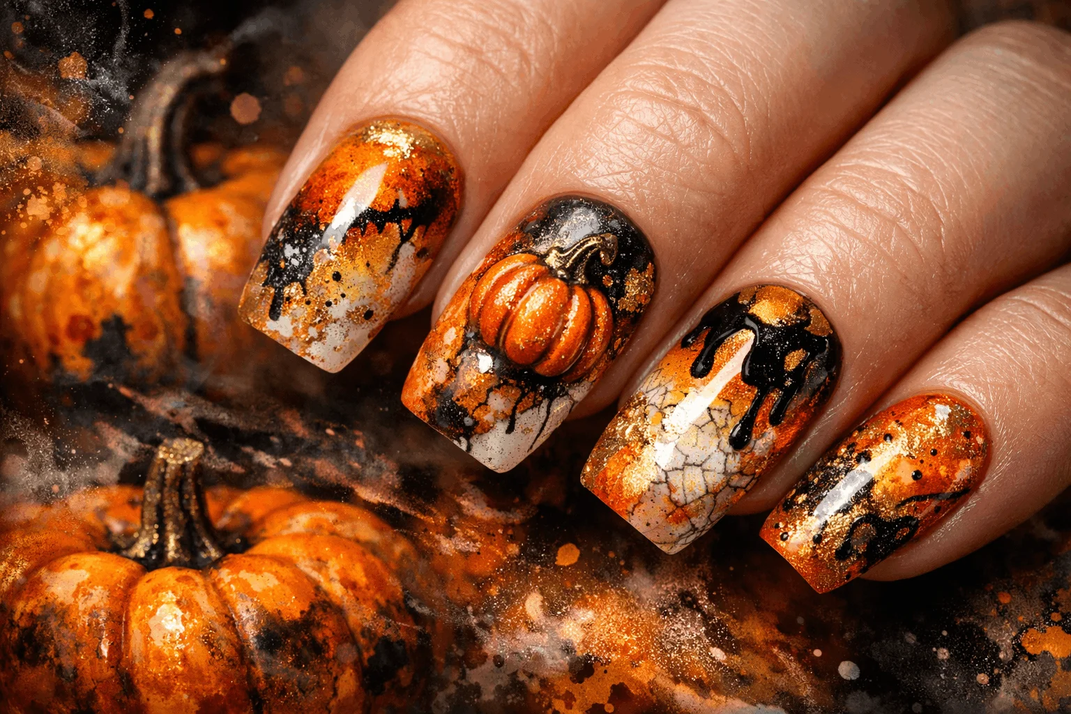 11 Trendy Pumpkin Nails for a Chic Fall Vibe 11 Artistic pumpkin nails with abstract creative design