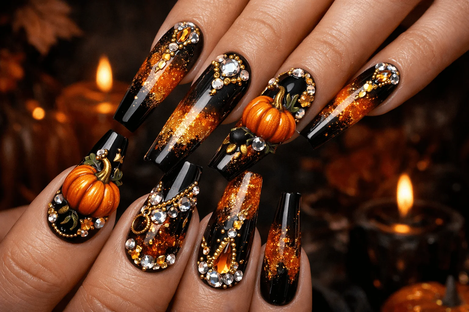 11 Trendy Pumpkin Nails for a Chic Fall Vibe 5 Bold pumpkin acrylic nails with rhinestones and 3D art